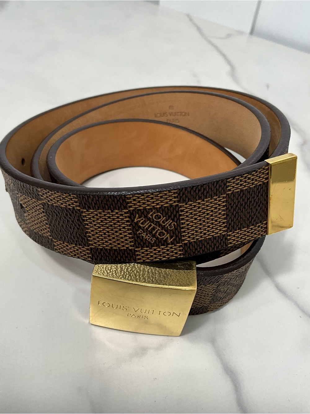 LOUIS VUITTON Damier Ebene Canvas Belt Gold Buckle 95/36 Unisex Made France